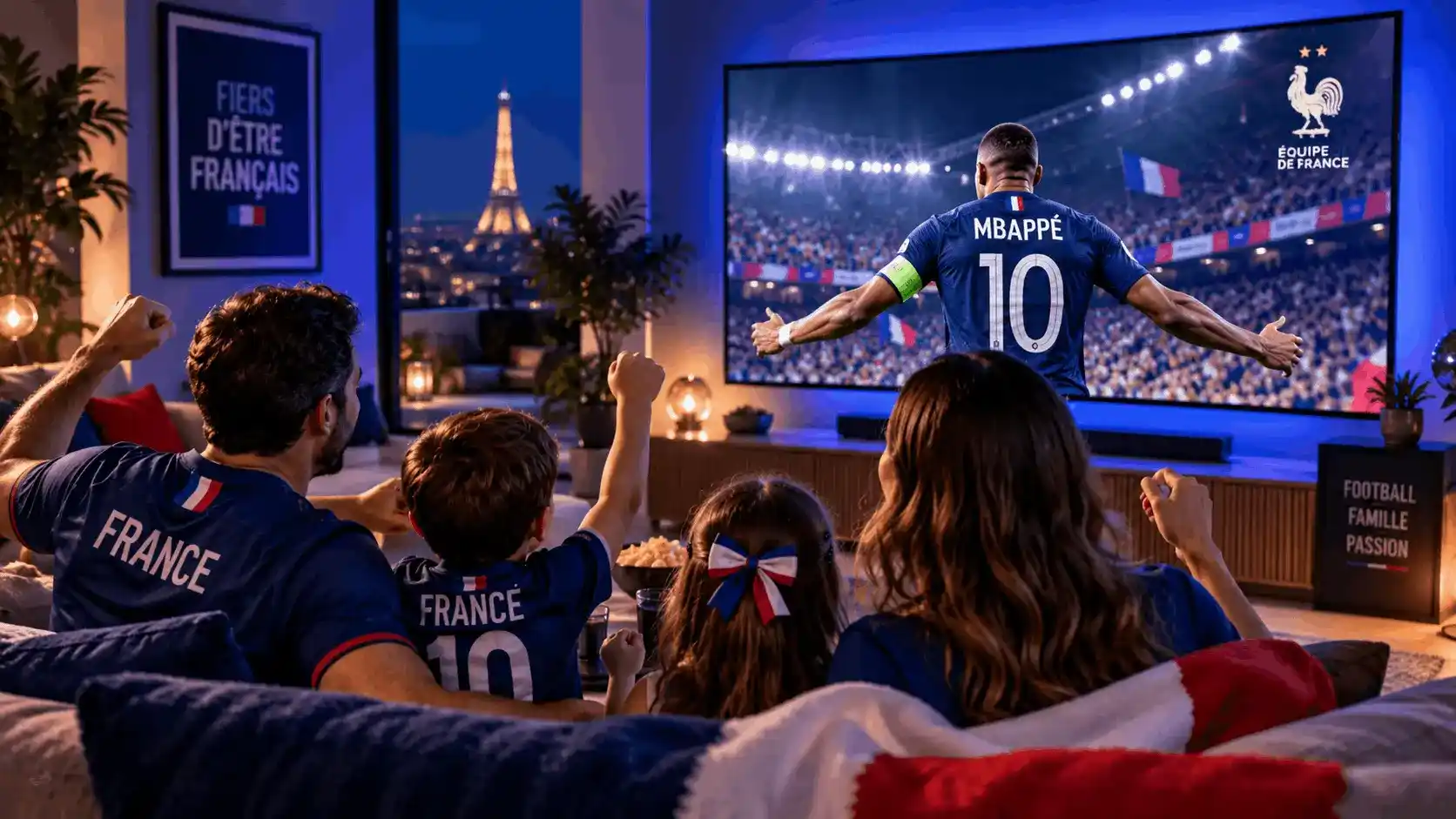 Une famille regarde un match de football sur un téléviseur